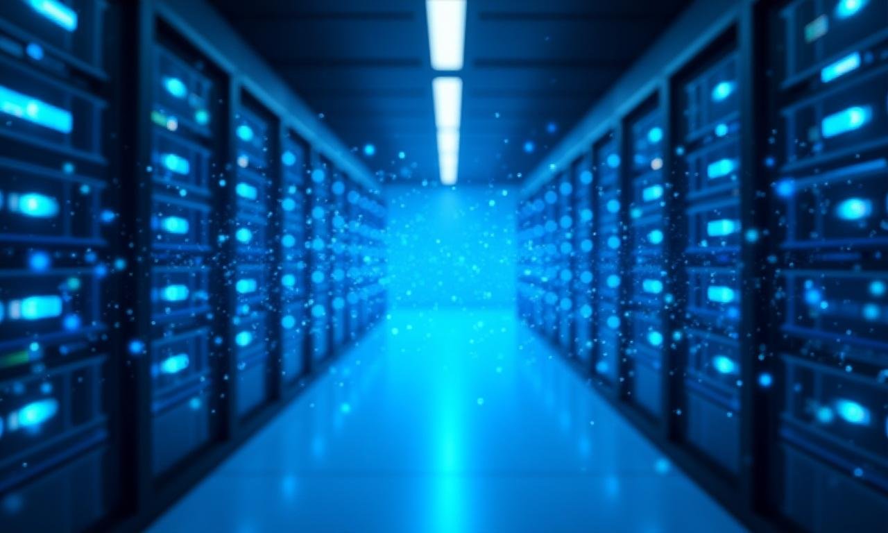 Secure server room with blue lighting and digital data streams